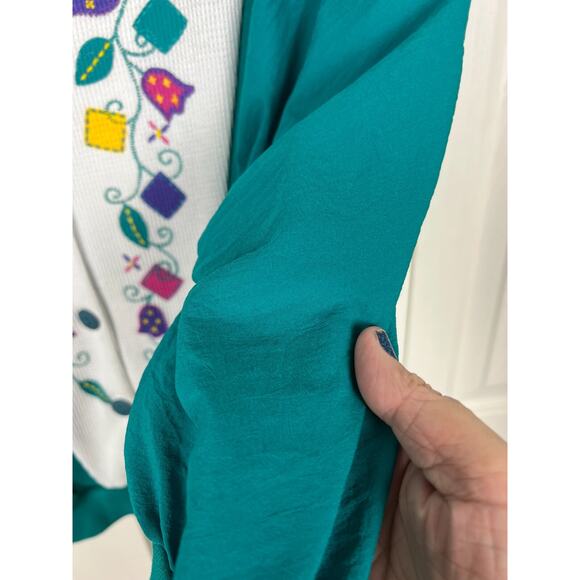 Vintage 80s Teddi Green Textured Waffle Floral Button Sweater Top Large Retro - Picture 4 of 9